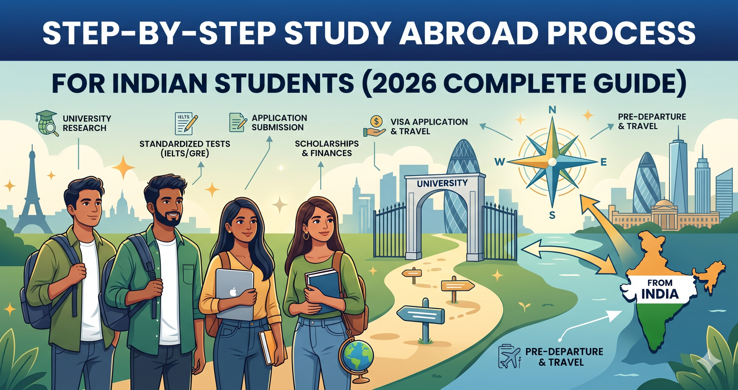 Infographic guide banner for Indian students studying abroad in 2026, showing a step-by-step roadmap from exam preparation to university admission.