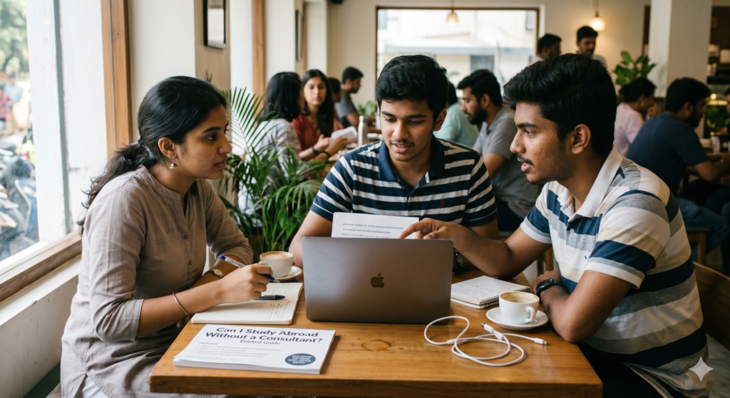 Indian students researching how to study abroad without a consultant on a laptop