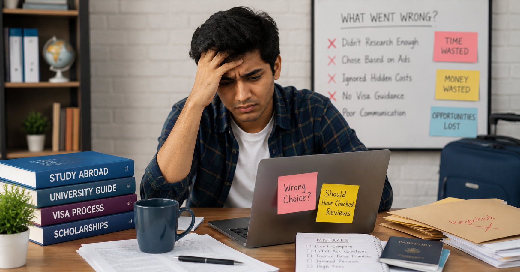 Indian student looking worried after making mistakes while choosing a study abroad consultant