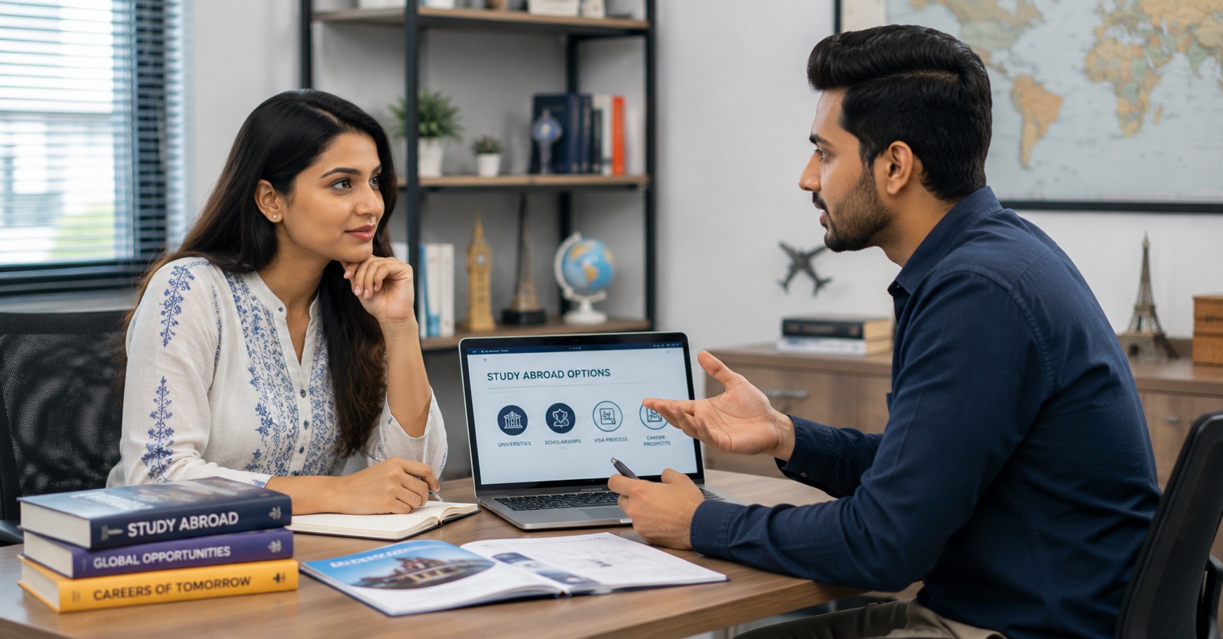 Student asking questions to a study abroad consultant