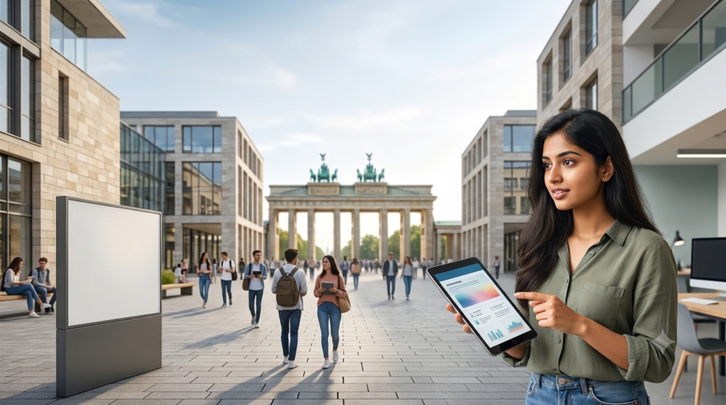 An Indian student holding a tablet in a German university campus setting with the Brandenburg Gate in the background.