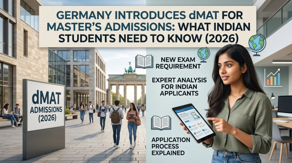 An Indian student holding a tablet in a German university campus setting with the Brandenburg Gate in the background.